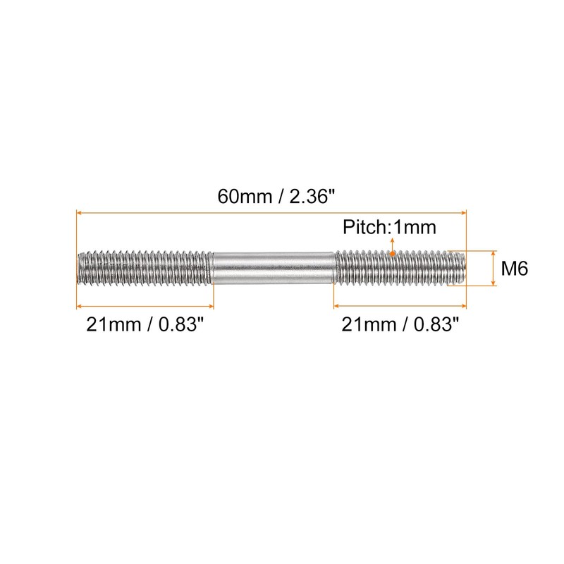 sourcing map 5Pcs M6x60mm 304 Stainless Steel Double End Threaded