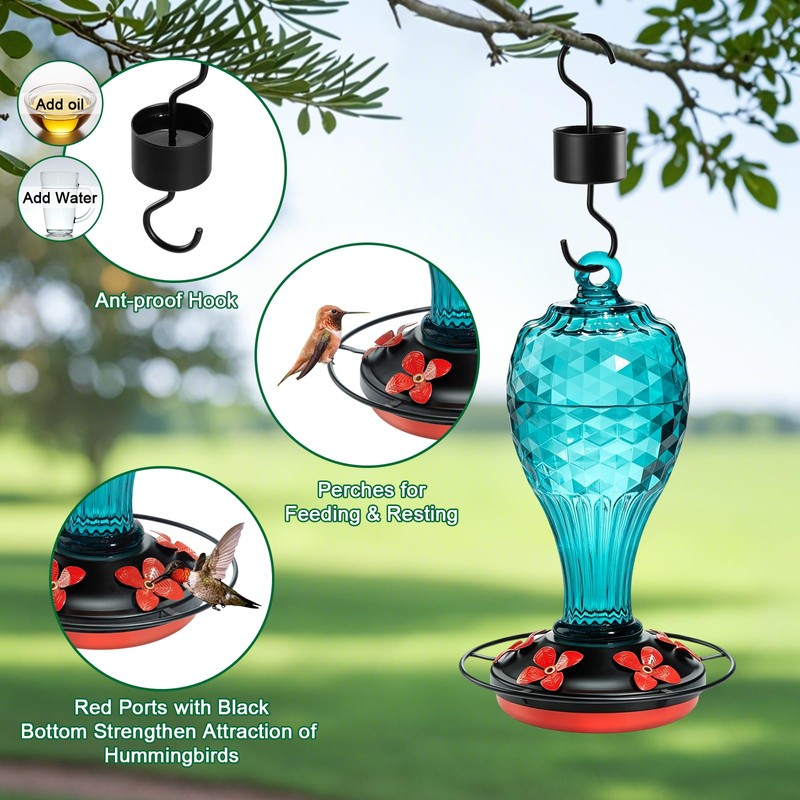 Jarkyfine Blown Glass Hummingbird Feeder, Blue, 20 oz