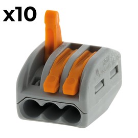 WAGO, 3 Way Lever Clamp Series 222, Pack of 10, For Rigid, Semi-Rigid and Flexible Wires 0.08-4mm², Voltage 400V, Current 32A, Stripping Length 9-10mm, Safe Electrical Connections
