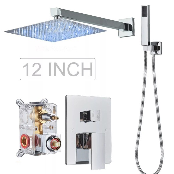 Rozin Chrome Shower Faucet System Set Led 12" Rainfall Head