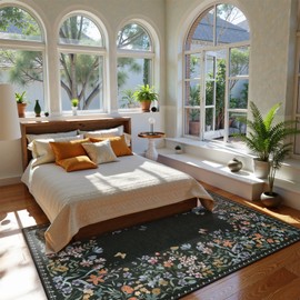 Lahome Boho Floral Black Washable 5x7 Area Rugs for Living Room, Non Slip Rugs for Bedroom, Indoor Throw Dining Room Carpet for Under Table Entryway Kitchen Office(Black,5x7)