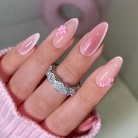 IQXGE Medium Almond Press on Nails French Tip Full Cover False Fake Nails Press ons Pink Cat Eye Stick on Nail Glitter Acrylic Fake Nail with Flower Charms Shiny Artificial 24Pcs Reusable for Women