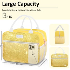 BAOGCOYO Lunch Bag For Women, Leakproof Glitter Lunch Box, Cute Lunch Tote Bag Adult, Large Capacity Insulated Reusable Cooler Lunch Containers for Work Travel Picnic or Office (Gold Yellow Sparkle)