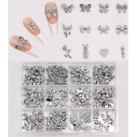 120pcs 12 Styles Black Metal Nail Charms Nail Bows Crushed Rabbit 3D Heart Rose Flower Studs Y2k Alloy Nail Decoration Rhinestone Jewelry for Acrylic Nails Art Kit Accessories Supplies