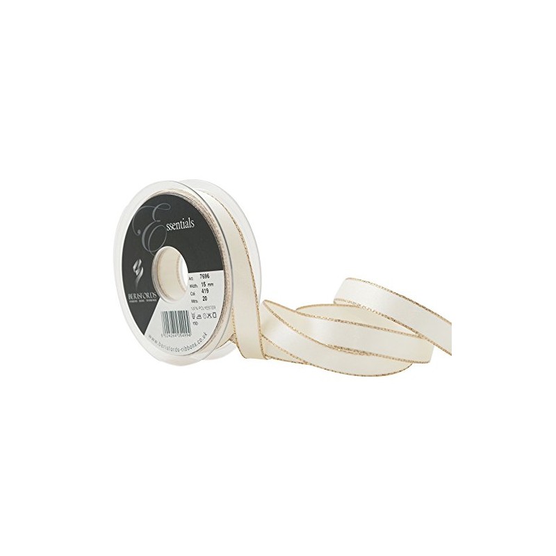 Berisfords Gold Edge Satin Ribbon, Bridal White, 15 mm