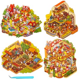 4 Sets DIY 3D Mini Rabbit House Scene Stickers with Tweezers Make Your Own Lawn Party Farm Magic World Sticker Scenes Cute Micro Room Stickers for Relief Stress Pass The Time