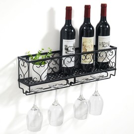 KDSOM Wall Mounted Wine Rack,Metal Floating Bar Shelves,Liquor Bottle Display Shelf Wine Glass Rack for Home Bars, Dining Rooms, Kitchens - Black