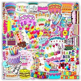 Birthday Theme Sticker Kawaii Happy Birthday Aesthetic Diary Travel Journal Paper Laptop Skateboard Water Bottle Computer Stickers for Adult Teens Girls, Colorful 50 Pcs