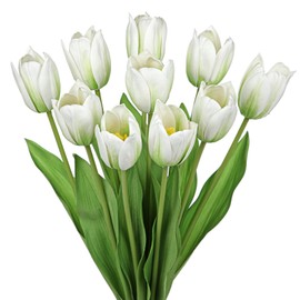 Arborus Artificial Tulips Flowers – 20" Long Stem Faux Tulips, 10PCS Real Touch Fake White Tulip for Vase, Farmhouse, Kitchen, Spring & Wedding Home Decor
