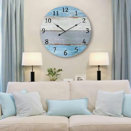 Eruner Large Wall Clock for Living Room Decor 24 Inch Blue Round Wood Clock Vintage Farmhouse Rustic with Battery Operated Silent Non-Ticking Clock for Kitchen