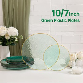 SUT 36Pcs Green Christmas Plastic Plates, Hammered Plates Disposable Heavy Duty, Green Disposable Plates With Gold Rim, Fancy Plastic plates Include 18 Dinner and 18 Dessert plates for Christmas