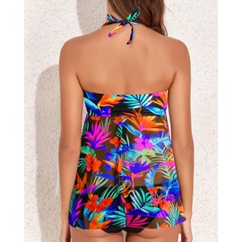 Talisea Women Bandeau Tankini Top Only Mesh Strapless Swimsuits Top Halter Flyaway Bathing Suits No Bottom Black, Colorful Leaves, X-Large