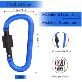 Pack of 5 Carabiners with Screw Cap, Sapphire Keyring Carabiner Hook Aluminium Screw Carabiner Hook D-Clip for Dog Lead, Harness, Camping, Aluminium Alloy D-type