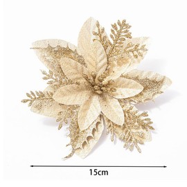 SECALIFE 10 PCS Christmas Tree Flowers Decorations with Clip, 15cm Christmas Glitter Poinsettia Flowers for Christmas Tree Christmas Wreaths Xmas Party Decorations, Gold