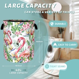 Pink Flamingo Laundry Basket Tropical Leaves Pink Floral Hamper Foldable Oxford Cloth Birds Colorful Tote Bag Clothes Toy Storage Bucket For Bathroom/Laundry Storage/Bedroom 18.9 x 16.5 Inch