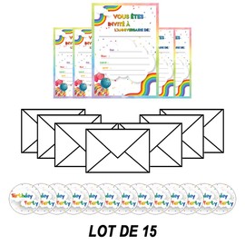 SEFFY Carte invitation fete enfant francais, Cartes invitation anniversaire avec enveloppes et autocollants (lot de 15)