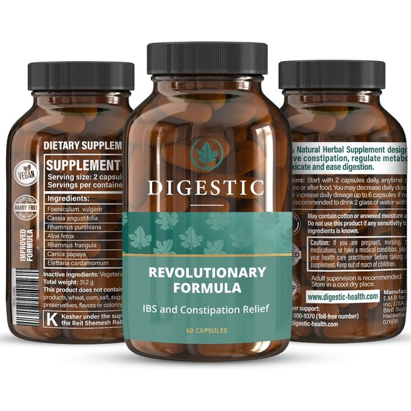 Digestic™ - Constipation IBS Relief - 100% Natural Ingredients - New Breakthrough Formula - IBS Supplement for Constipation, Bloating and Gas Relief. Organic & Vegan Laxative (180 Capsules)