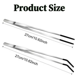 2PCS Stainless Steel Reptile Feeding Tongs with Rubber Tip,Crested Gecko Tank Accessories,10.6” Heavy Duty Extra Long Tweezers Straight & Curved Long Tweezers for Aquarium & Terrarium or Craft