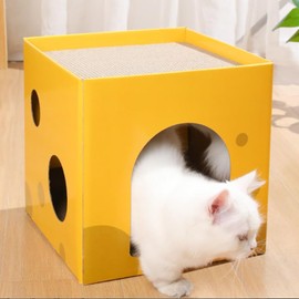 Cardboard Cat House Scratcher Box 2-Story Cube Condo for Indoor Cats with Hiding Spot, 2 Extra Thick Cardboard Scratching Pads and Feather Toy - Great Corner Hideout for Kitties, Kittens (12”x12”)