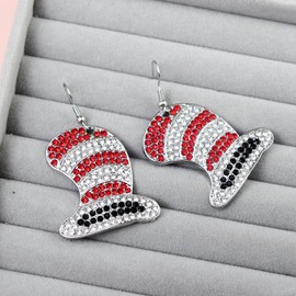 Rhinestones Dr. Seuss Day Dangle Earrings Shiny Crystal Red Hat Earrings Graduation Back to School Gift for Teacher Student Librarian(Red Hat)