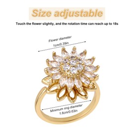 Mikovivi Gold Rotatable Sunflower Ring, Adjustable Spinner Fidget Ring with Cubic Zirconia Gold Copper Flower Jewelry for Women and Men