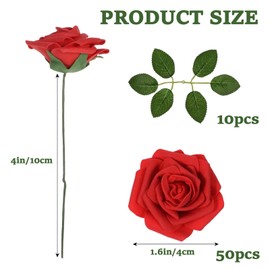 AojSup 50 Pcs Red Fake Roses Artificial Flowers with Stems, Valentine's Day Gifts, Real Touch Foam Rose Bulk Faux Flowers for DIY Wedding Bouquets Centerpiece Bridal Shower Party Home Valentine Decor