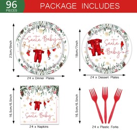 96 Pcs Christmas Baby Shower Party Plates and Napkins Santa Baby Party Supplies Xmas Baby Shower A Santa Baby Is On The Way Party Tableware Set for 24 Guests