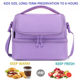 FlowFly Double Decker Cooler Insulated Lunch Bag Large Tote for Boys, Girls, Men, Women, with Adjustable Strap, Kids-Purple