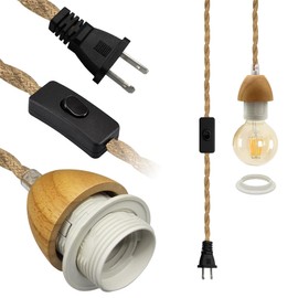Rustic Plug in Pendant Lighting, 16.7FT Wood Pendant Light Cord Kit, Farmhouse Hanging Lights with Plug in Cord, Vintage Hemp Rope Pendant Light Fixtures, E26 E27 Light Socket, for Kitchen Island
