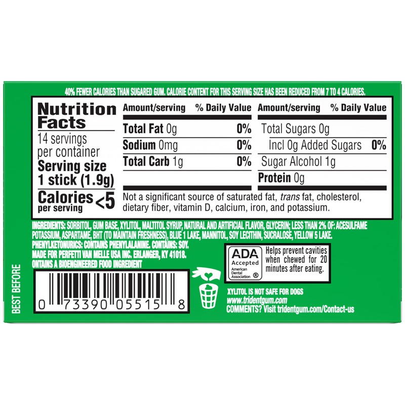 Trident Spearmint Sugar-Free Chewing Gum, 12 Packs of 14 Pieces