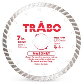 Trabo 7 Inch Masonry Turbo Rim Diamond Metal Bond Blade for Cutting Cement, Pavers, Concrete with Rebar, Natural Stone and More, with 7/8 Inch Arbor with 5/8 Inch Reducer Ring