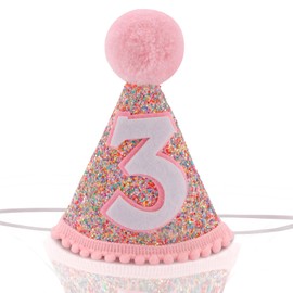 CUBACO birthday hats for kids,Rainbow Birthday Party Decorations for Girls,Glitter Birthday Hat with Pink Pom Topper (3rd)