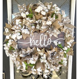 Southern Charm! HELLO Magnolia & Cotton, Deco Mesh Front Door Wreath, Farmhouse Farm Style Decor, Porch Patio Decoration, Fall, Spring, Summer, Everyday Wedding Decor