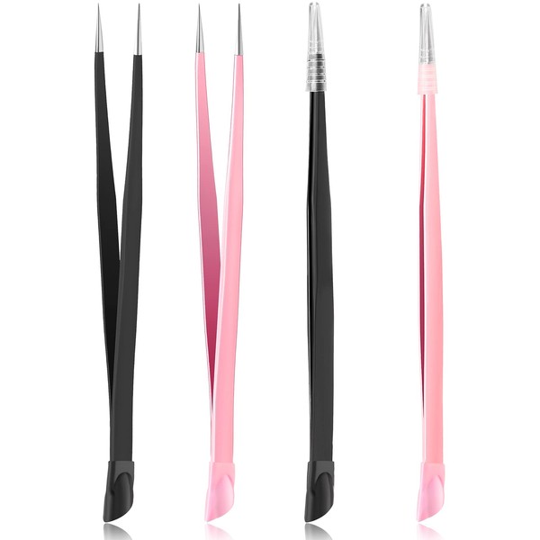 4 Pieces Straight Nail Tweezers Probe Tips Metal Tweezers with Silicone Pressing Head for Nail, 3D Water Stickers Picking Gems Rhinestones Acrylic Gel Stickers Eyelash Extensions, Nail Tools