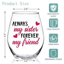 WUUCKOO Always My Sister Forever My Friend Stemless Wine Glass, Gifts for Female Friends, Keepsake for Women Birthday, BFF, Soul Sister, Work Bestie, Thanksgiving Present