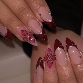 LPOODDNU Red French Tip Press on Nails Almond - Medium Flower Fake Nails with 3D Crystal Diamond Designs, Glossy Finished Reusable False Nails with Glue Tabs - 24Pcs Nail Kit for Women Manicure
