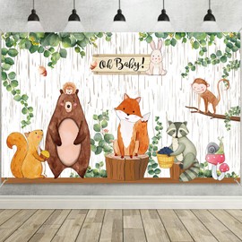 Woodland Baby Shower Backdrop Banner, Large Fabric Jungle Animal Birthday Party Decorations Woodland Creatures Forest Background for Boy or Girl Welcome Party, 72.8 x 43.3 Inch