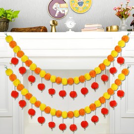 2 Pcs Marigold Garland with Pearls, 5 Feet Artificial Marigold Flowers Garland Diwali Decorations for Pooja Indian Home Parties Wedding Decoration Christmas Decoration, Yellow Orange