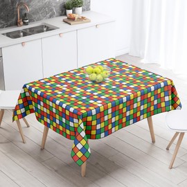 Colorful Cube Tablecloth Colorful Plaid Block Puzzle Game Theme Tablecloth Family Gathering Table Cover for Boys Girls Baby Showers Birthday Party Picnic Dinner Decorations Supplies 98x53in-BECKTEN