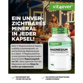 Magnesiumcitrat - 365 Kapseln - 2250mg davon 360 mg elementares Magnesium je Tagesportion - 100% Tri-Magnesiumdicitrat ohne Zusätze - Laborgeprüft - Hochdosiert - Vegan