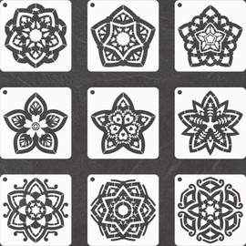YKW 9 Pack Geometric Flower Mandala Stencils for Painting - Reusable Star Pattern Templates for DIY Home Decor, Wood, Fabric, Walls - 6x6 Inch Laser Cut Painting Stencil Set for Arts and Crafts