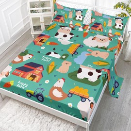 Smell Sunshine Farm Animal Sheets Set 4Pcs for Kids,Cartoon Cow Chicken Sheep Printed Sheet Set with 1 Flat Sheet and 1 Fitted Sheet + 2 Pillowcases(Farm Animal Twin)