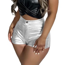 Womens Faux Leather Shorts High Waist Metallic Shiny Rave Booty Short Shorts Silver XL