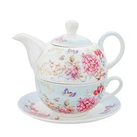 Tea for One Teapot Cup and Saucer Set, Coffee Cups Gifts for Women Tea Set Vintage Flora Rose Gift for Her Tea Party Home Restaurants and Tea House (Blue Set)