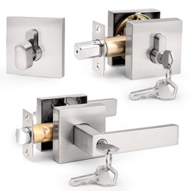 Probrico Square Entrance Lever with Double Cylinder Deadbolt Set Keyed Alike Combo Pack(for Office and Front Door), Heavy Duty Satin Nickel Entry Door Lockset for Right and Left Side, 1 Pack