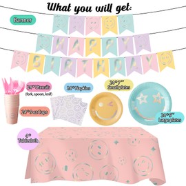 Kigley 175 Pcs Preppy Birthday Party Decorations Set Cute Preppy Tableware Serving 24 Guests Happy Birthday Banner Tableware Paper Plates Napkins Cups Tablecloths for Bachelorette Party