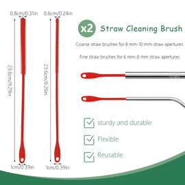 2 Pcs Silicone Straw Cleaner Brush with Hanging Ring, 6 mm & 8 mm Long Straw Cleaning Brush, Reusable Pipe Drinking Straw Brushes for Cleaning Straws Beverage Cover Bottle Lid (Red)