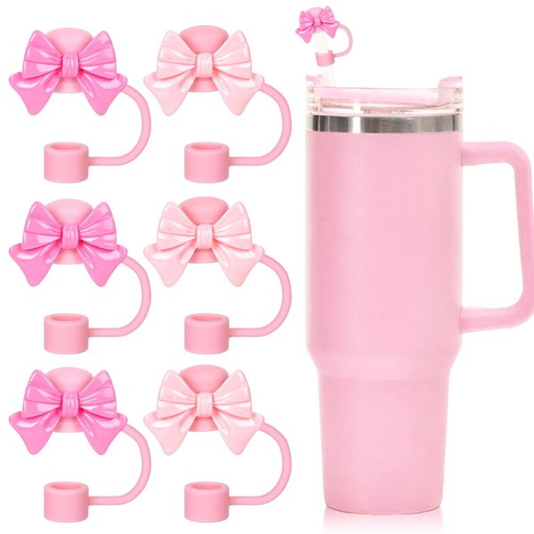 JarThenaAMCS 6Pcs Bow Straw Covers Lovely Pink Bowknot Portable Drinking