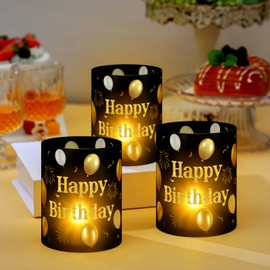 Kittmip 10 Sets Happy Birthday Table Decoration Black and Gold Birthday Centerpieces Lantern Boxes with Tea Lights Candles Centerpieces for Table Desk Office Home Room Party Supplies
