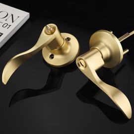 Bonpoly 6 Pack Gold Door Handles, Modern Privacy Door Levers Handle, Bedroom Bathroom Door Handle for Right Handing Doors, Satin Brass Finish